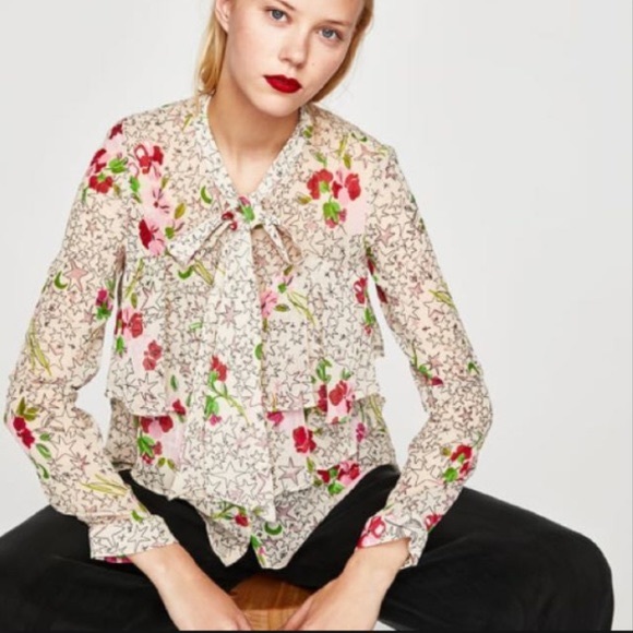 Zara Tops - Zara Ruffle Pussy Bow Tie Star Flower Top Size S